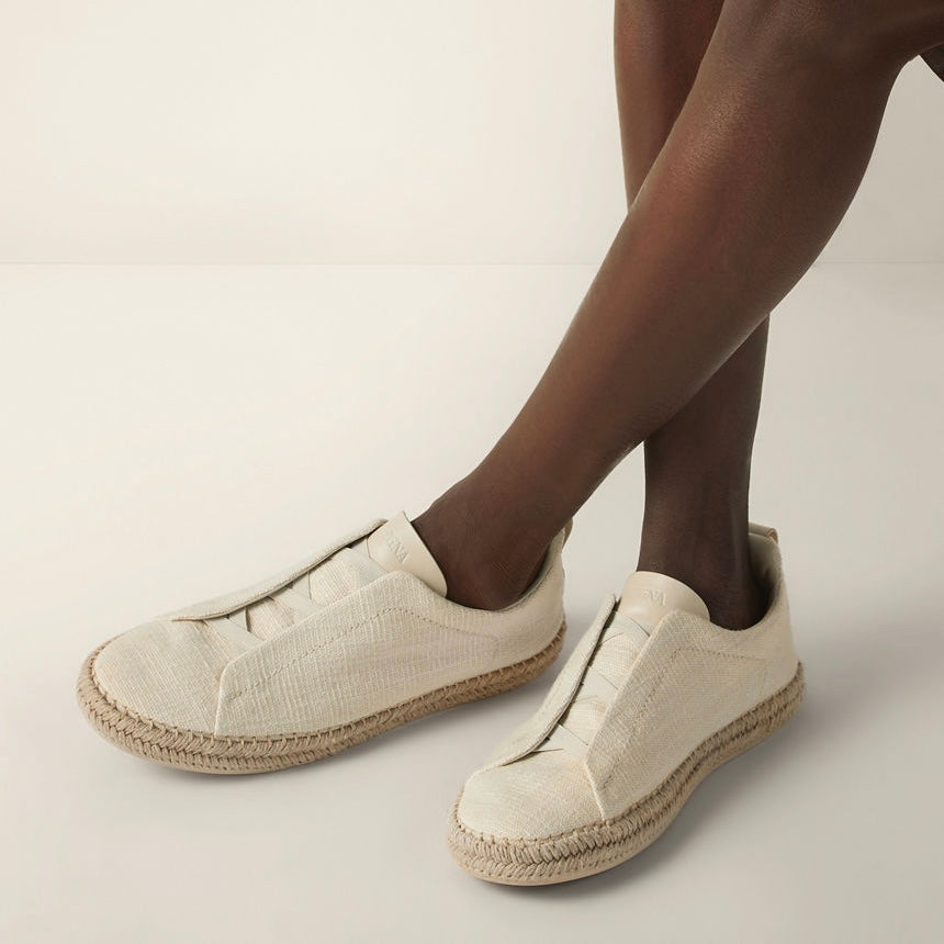 Zegna OFF WHITE LINEN BLEND AND LEATHER TRIPLE STITCH™ ESPADRILLES