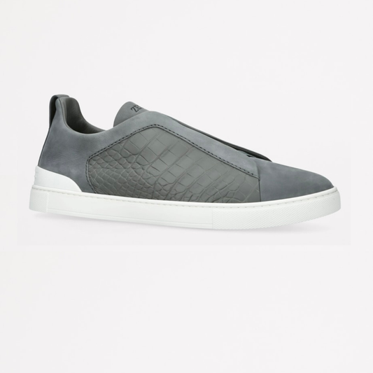 ZEGNA GREY CROCODILE LEATHER TRIPLE STITCH SECONDSKIN SNEAKERS