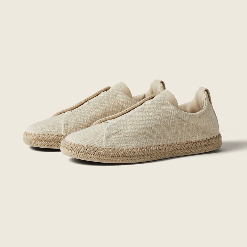 Zegna OFF WHITE LINEN BLEND AND LEATHER TRIPLE STITCH™ ESPADRILLES