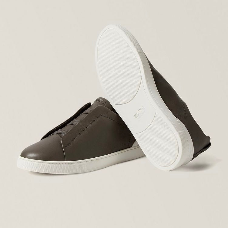 ZEGNA Triple Stitch SECONDSKIN Leather Sneakers Dark Taupe