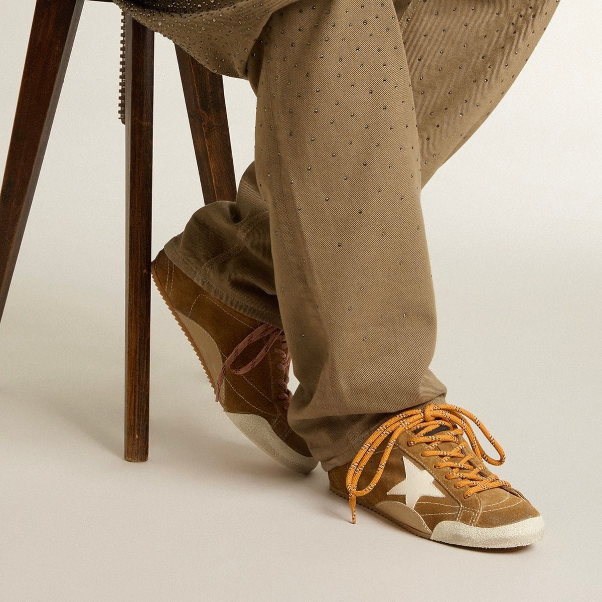 Golden Goose True-Star in tobacco-colored suede with white star and platinum heel tab(Women's)