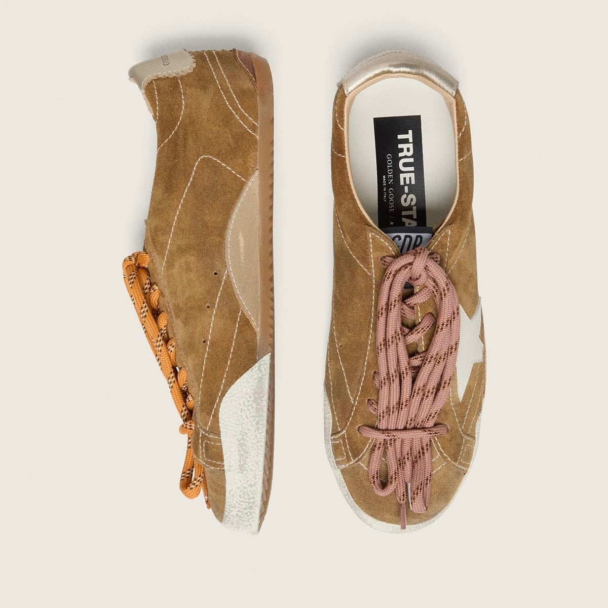 Golden Goose True-Star in tobacco-colored suede with white star and platinum heel tab(Women's)