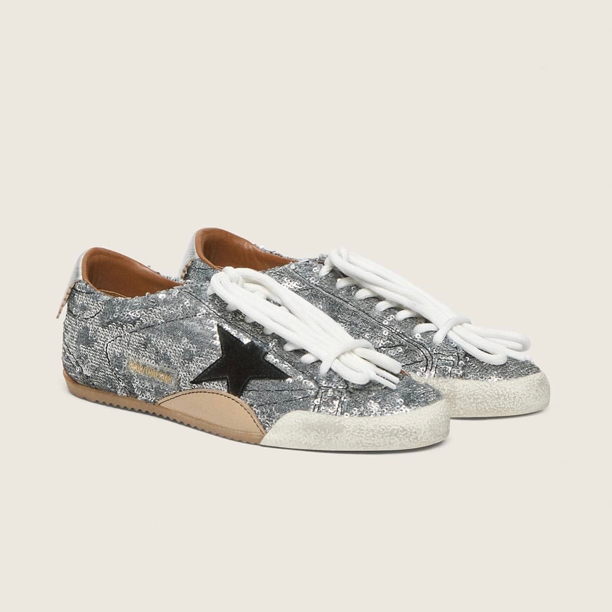 Golden Goose True-Star in silver sequins with black star and silver leather heel tab(Women's)