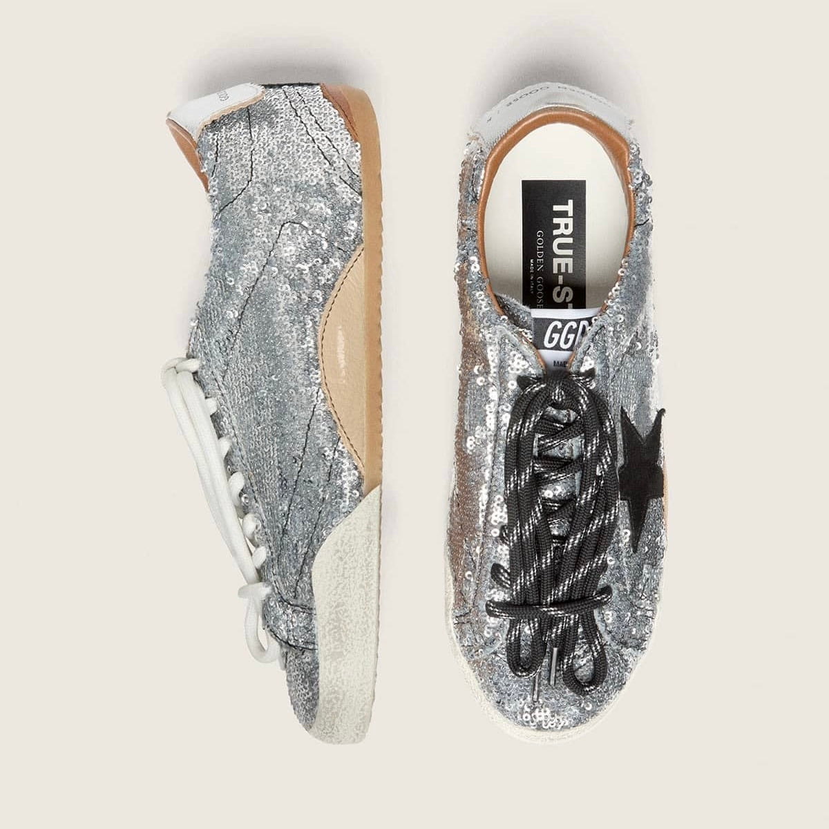 Golden Goose True-Star in silver sequins with black star and silver leather heel tab(Women's)