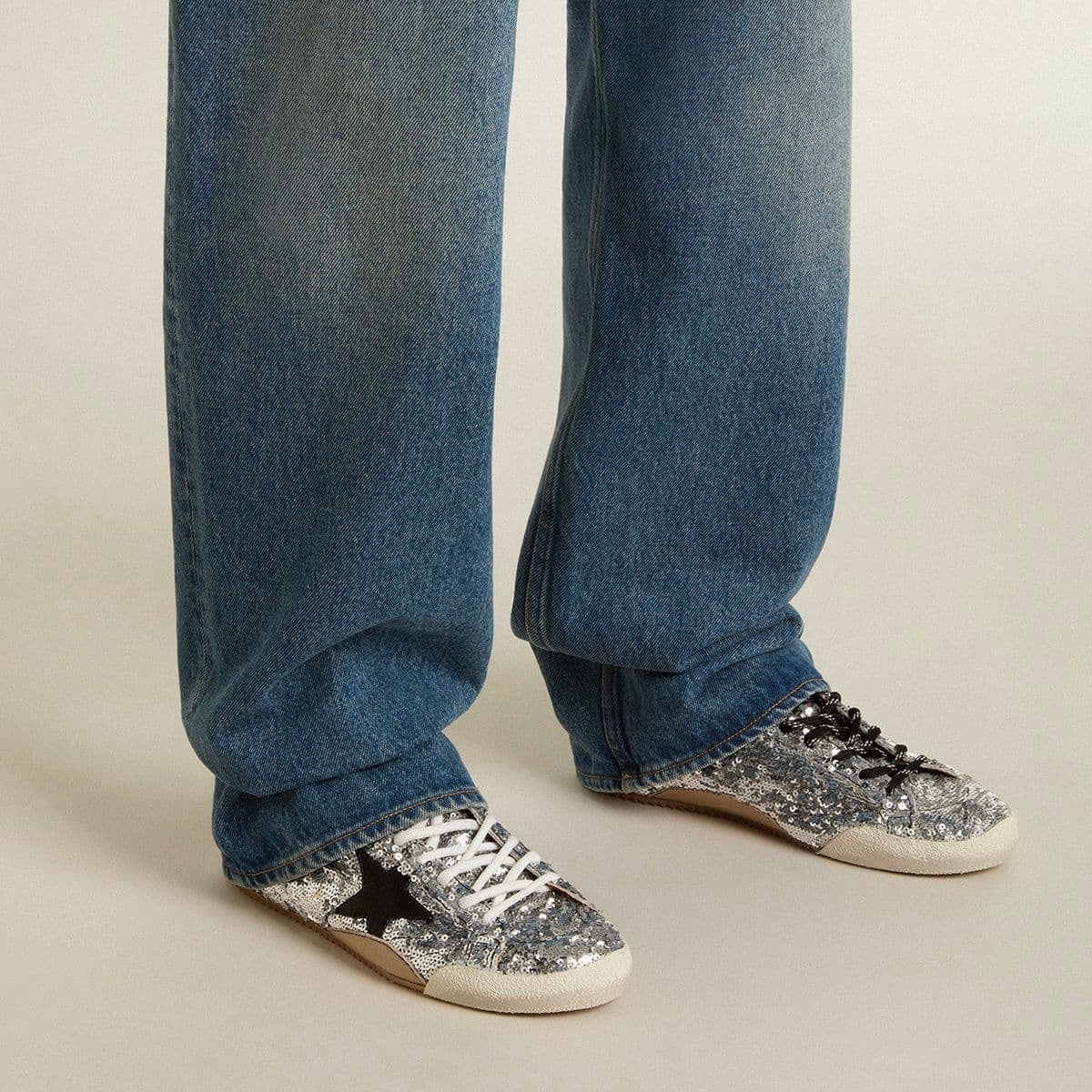 Golden Goose True-Star in silver sequins with black star and silver leather heel tab(Women's)