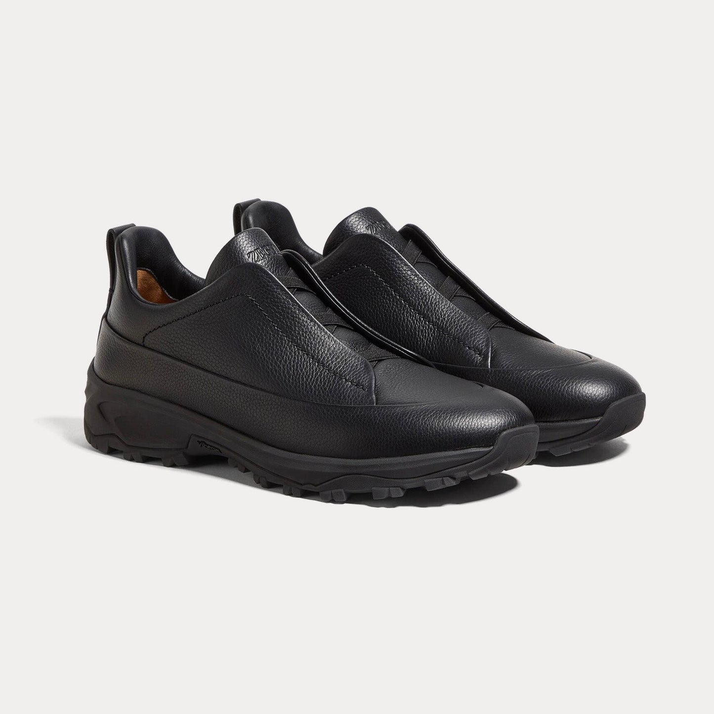 Zegna - Triple Stitch Monte Grained Calf Leather Black Slip On Sneakers