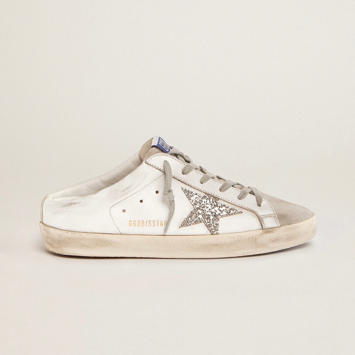 Golden Goose Super-Star Sabot with a platinum glitter star and suede tongue(Women's)