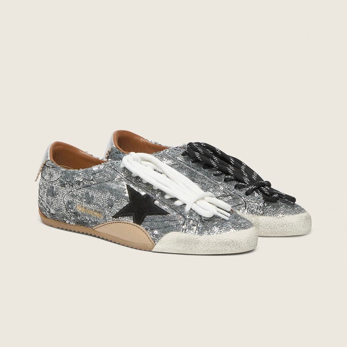 Golden Goose True-Star in silver sequins with black star and silver leather heel tab(Women's)