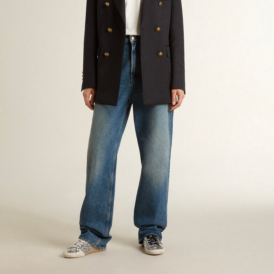 Golden Goose True-Star in silver sequins with black star and silver leather heel tab(Women's)