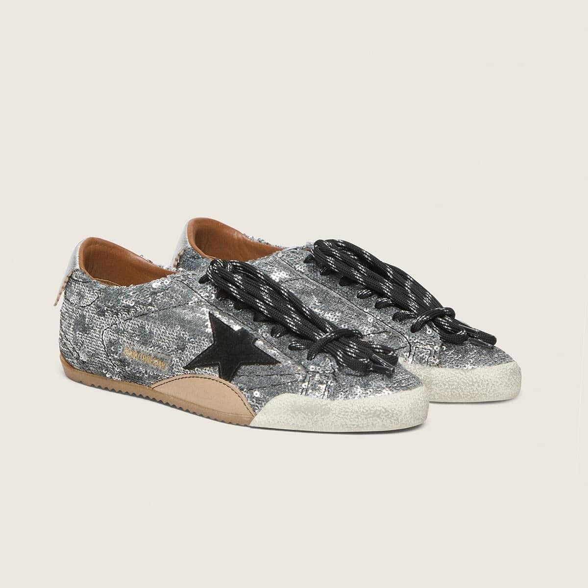 Golden Goose True-Star in silver sequins with black star and silver leather heel tab(Women's)