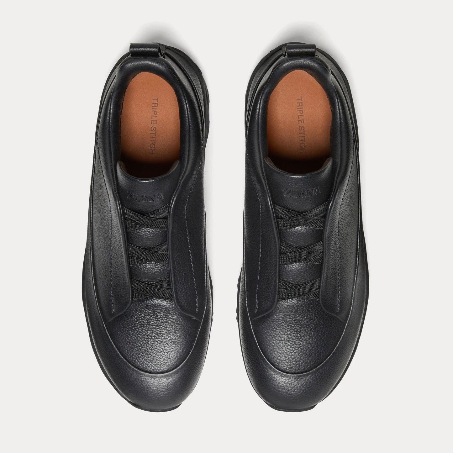 Zegna - Triple Stitch Monte Grained Calf Leather Black Slip On Sneakers